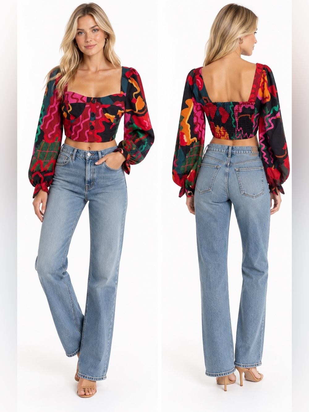 FARM Rio The Lovers Apple Long Puff Sleeve Crop Top Shirt XS